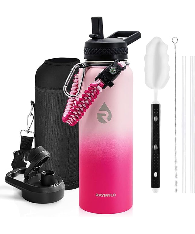 Insulated Water Bottle 40 oz, Triple Wall Vacuum Stainless Steel (Cold for 48 Hrs), Leak Proof & Non-BPA, Modern Water Flask Jug with Paracord Handle & Straw Spout Lids, Ombre Pink