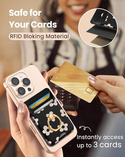 Shorogyt Compatible with Magsafe Wallet Magnetic Card Holder - Phone Wallets with Ring Grip Stand Cute Fashion for iPhone 17/16/15/14/13/12 Series for Women Girls Black Flower Design, Fit 3 Cards