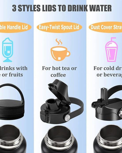 Water Bottle Insulated 32oz 40oz 64oz 128oz Straw Lid Spout Lid & 3 Lids, Leak Proof, Vacuum Insulated,Stainless Steel Water Bottle Wide Mouth for Sports, Gym or Office