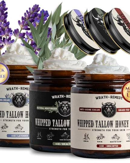 Organic Beef Tallow for Skin - 4 OZ (Pack of 3) — Grass Fed Beef Tallow for face + Body — US-Made Whipped Tallow and Honey Balm Moisturizer for Dry and Sensitive Skin, Eczema, Rosacea (No Additives)