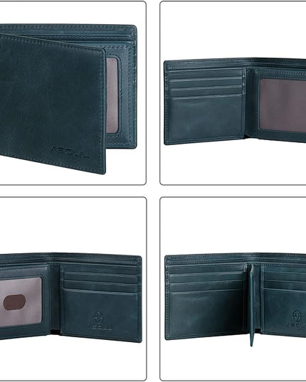 VISOUL Mens Bifold Leather RFID Blocking Wallet with 2 ID Windows, Soft Genuine Leather Card Holder Wallet with 2 Cash Compartments for Men (Dark Blue)