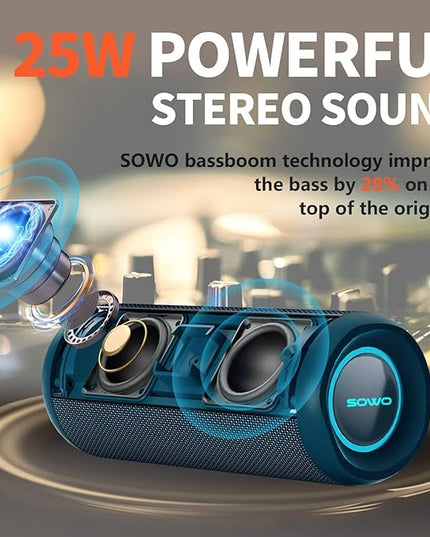 SOWO Portable Bluetooth Speaker, IPX7 Waterproof Wireless Bluetooth Speaker, Bassboom Technology, 25W Loud Stereo Sound, LED Light with TWS Pairing, 16H Playtime for Home and Outdoor -Blue