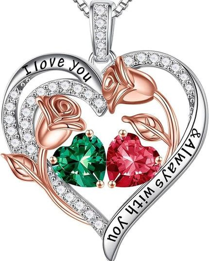 Iefil Christmas Gifts for Women Wife - 925 Sterling Silver Rose Heart Birthstone Necklace Birthday Anniversary Jewelry Gifts for Her Wife Mom Daughter