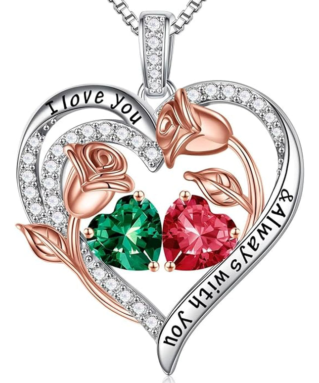 Iefil Christmas Gifts for Women Wife - 925 Sterling Silver Rose Heart Birthstone Necklace Birthday Anniversary Jewelry Gifts for Her Wife Mom Daughter