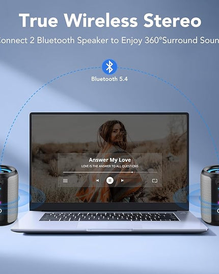 Portable Bluetooth Speaker with Lights, Bluetooth 5.4 Speaker, Powerful Crystal Clear Sound,15W Loud Stereo Sound, All Day Playtime,IPX7 Waterproof,TWS pairing for Outdoor/Travel/Party/Home,Gray
