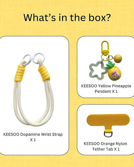 Dopamine Vibes Universal Wrist Strap - Korean-Style Short Phone Lanyard with Cute Yellow Pineapple Charm, 7mm Rope, Trendy Anti-Theft Tether for Girls, Includes Pendant & Nylon Phone Tab