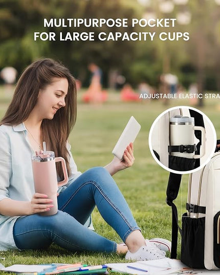 LOVEVOOK Laptop Backpack for Women with Pouch Pocket for Large Capacity Cup,15.6 Inch Laptop Computer Bag Travel Backpack Purse,Waterproof Work Business Backpack College Teacher Bags,Beige-Black-Brown
