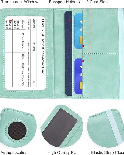 Passport Holder with AirTag – RFID Blocking Travel Document Wallet, Leather Passport Cover with AirTag Slot, Keeps Passport Safe & Trackable (Blue)