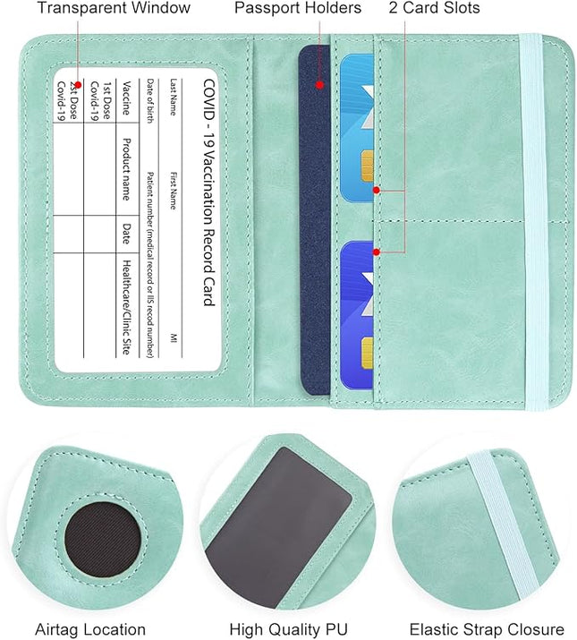 Passport Holder with AirTag – RFID Blocking Travel Document Wallet, Leather Passport Cover with AirTag Slot, Keeps Passport Safe & Trackable (Blue)