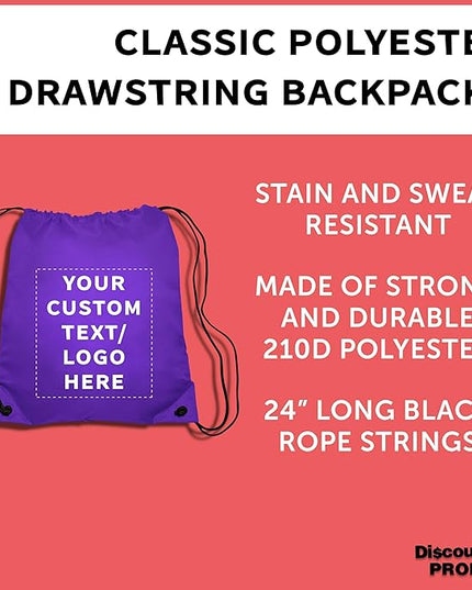 DISCOUNT PROMOS Custom Classic Polyester Drawstring Bagpack Set of 10/50/100, Personalized Bulk Pack - Great for Travelling, Gym and for Everyday Use - Purple