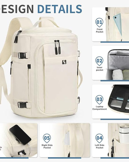 35L Travel Backpack 17" Laptop Backpack W/USB-C Port, Expandable Carry-On Bag, TSA Flight Approved Water-Resistant for Business College, White