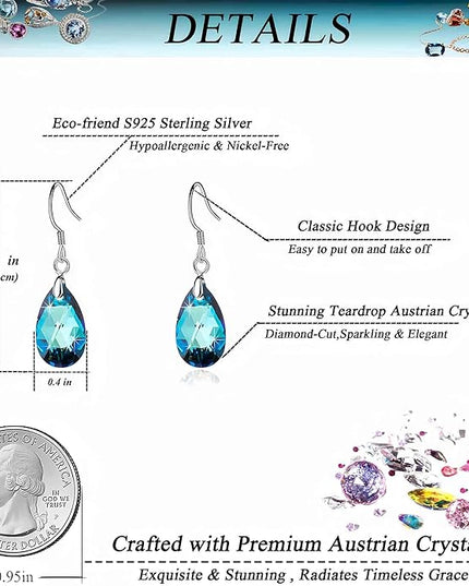 Teardrop Austrian Crystal Drop Dangle Earrings for Women 925 Sterling Silver Hook Hypoallergenic Jewelry