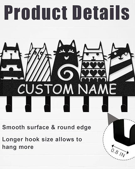 Kotagi Dyoart Personalized Key Holder Wall Mount - Custom Name Cat Key Holder for Wall, Black Pet Wall Art Decor, Housewarming Gifts, Key Rack Coat Rack Organizer for Storage, Living Room, Hallway