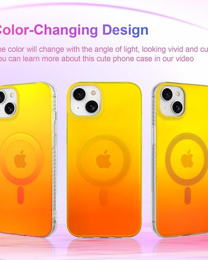 Aesthetic Case for iPhone 15 Case for Women Girls, Compatible with Magsafe, Cute Girly Trendy Glitter Sparkly Rainbow Magnetic Protective Phone Cover, Matte Iridescent Yellow & Orange