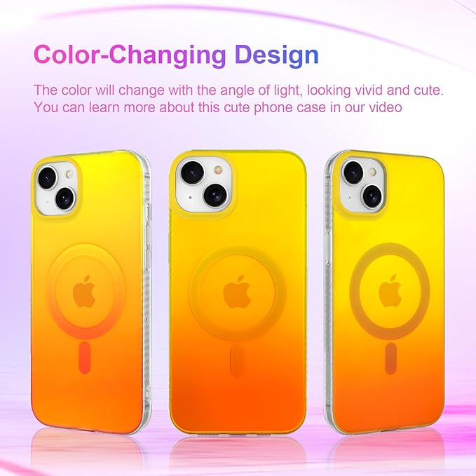 Aesthetic Case for iPhone 15 Case for Women Girls, Compatible with Magsafe, Cute Girly Trendy Glitter Sparkly Rainbow Magnetic Protective Phone Cover, Matte Iridescent Yellow & Orange