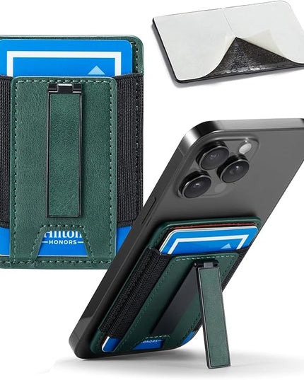 BIAJIYA Phone Wallet Sticky Back with Stand - Holds 6 Cards for iPhone & Samsung, Ultra Thin Leather & Stretch Fabric Card Holder (Green)