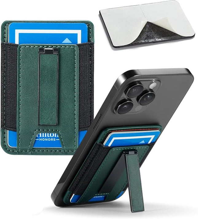 BIAJIYA Phone Wallet Sticky Back with Stand - Holds 6 Cards for iPhone & Samsung, Ultra Thin Leather & Stretch Fabric Card Holder (Green)