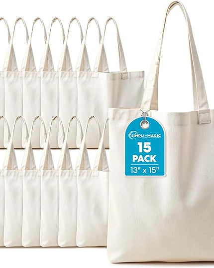 Simpli-Magic Canvas Tote Bag 13"x15" (15 Pack) – Thick Shopping Canvas Tote Bags Bulk – Blank Reusable Grocery Bags for DIY Art & Craft, Sublimation 79163 (Beige)