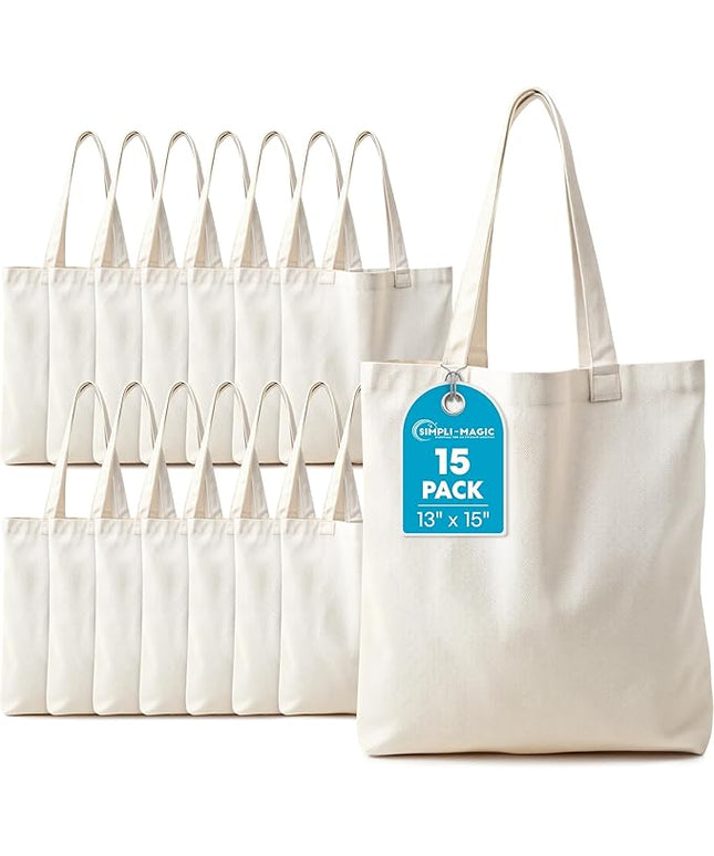 Simpli-Magic Canvas Tote Bag 13"x15" (15 Pack) – Thick Shopping Canvas Tote Bags Bulk – Blank Reusable Grocery Bags for DIY Art & Craft, Sublimation 79163 (Beige)