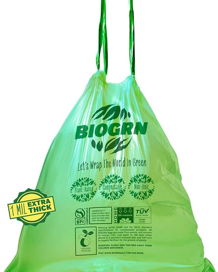 2.6-3 Gallon Compostable Trash Bags Drawstring 50 Bags Extra Thick 1 Mil 11.36 Liter Small Biodegradable Trash Bags for Kitchen Countertop Bin ASTM D6400, US BPI and OK Compost Home Certified