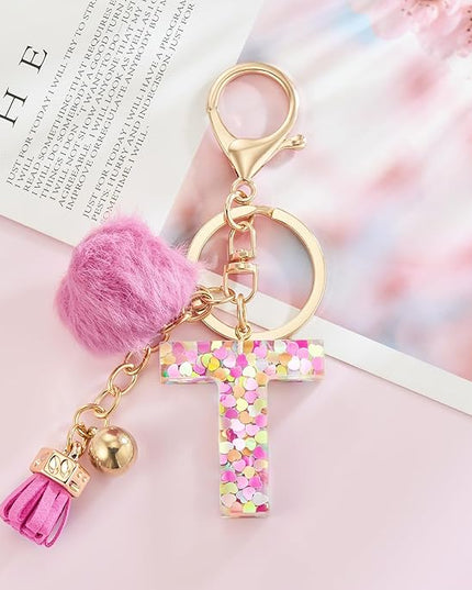 Resin Alphabet Initial Letter Keychain Keyring for Women Purse Handbags With Fur Ball Pom