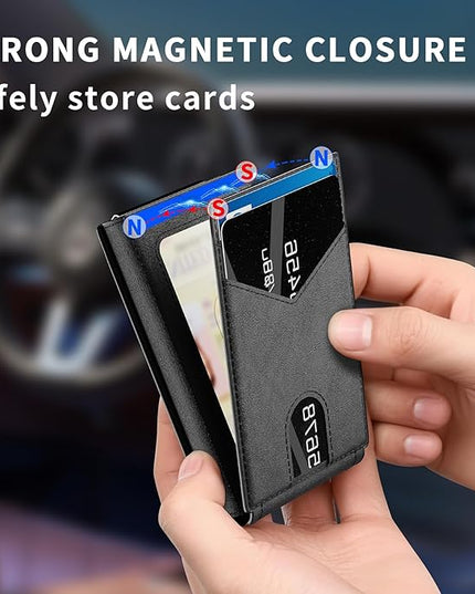 KISUEDZP Wallet for Men Slim RFID Blocking-Metal Smart Pop-Up Credit Card Holder with 2 ID Windows, Holds 8-10 Cards,Bifold Minimalist Front Pocket Wallet & Money Clip,Men's accessories (Black)