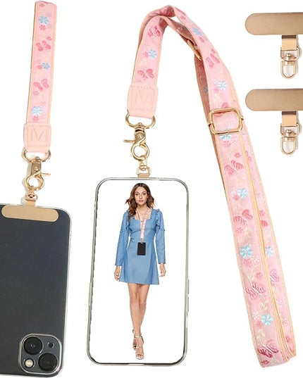 LEMEDE Phone Charm Lanyard, Gold Buckle Adjustable Crossbody and Wrist Strap with 2pcs 360-Degree Rotatable Phone Pad