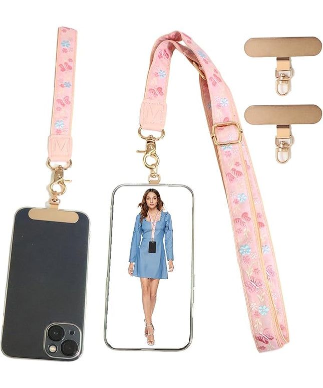 LEMEDE Phone Charm Lanyard, Gold Buckle Adjustable Crossbody and Wrist Strap with 2pcs 360-Degree Rotatable Phone Pad