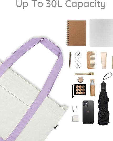 Eco Right Canvas Tote Bag for Women with Zip & Inner Pocket, 100% Organic Cotton Tote Bags for Men, Shopping, Beach