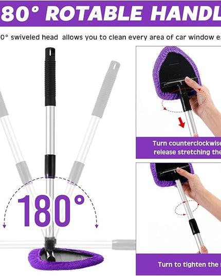 Baderke 10 Pcs Windshield Cleaner Tool Car Window Cleaning Supplies with Extendable Handle Include 6 Washable Microfiber Bonnets 2 Empty 60ml Spray Bottle Glass Wiper Kit(Purple)