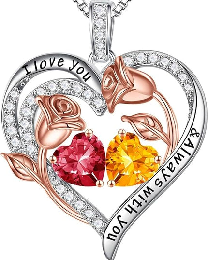 Iefil Christmas Gifts for Women Wife - 925 Sterling Silver Rose Heart Birthstone Necklace Birthday Anniversary Jewelry Gifts for Her Wife Mom Daughter