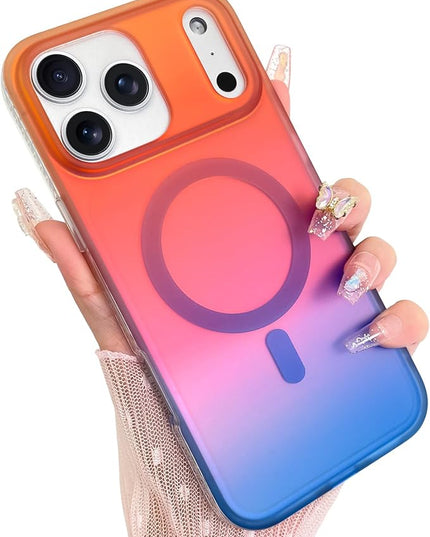Aesthetic Case for iPhone 17 Pro Max Case for Women Girls [Compatible with Magsafe] Cute Girly Trendy Glitter Sparkly Rainbow Magnetic Protective Phone Cover, Matte Iridescent Orange & Blue