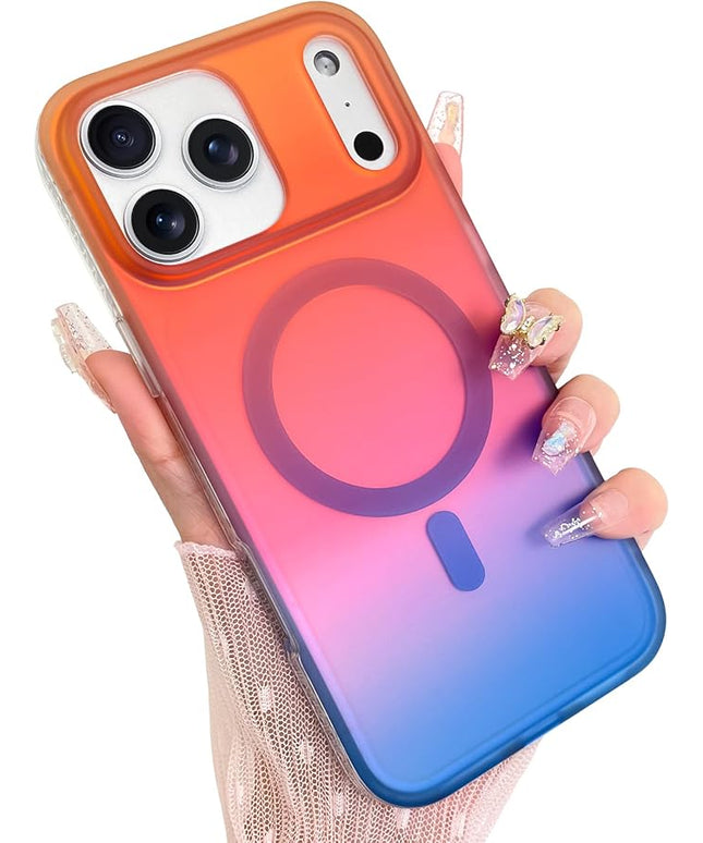 Aesthetic Case for iPhone 17 Pro Max Case for Women Girls [Compatible with Magsafe] Cute Girly Trendy Glitter Sparkly Rainbow Magnetic Protective Phone Cover, Matte Iridescent Orange & Blue