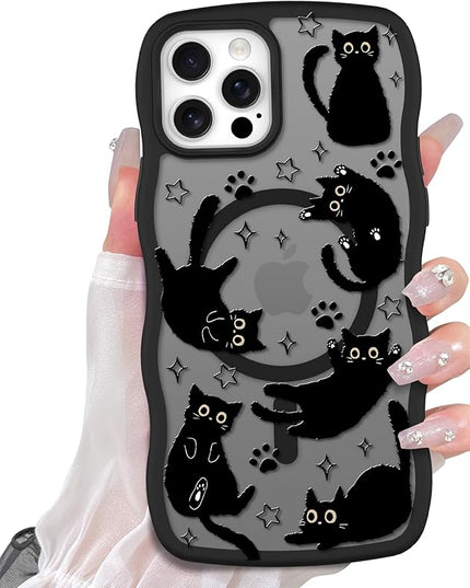 Cute Case for iPhone 12 Pro Case [Compatible with MagSafe] with Kawaii Black Cats Cat Print Pattern Design for Women Girls, Soft Wavy Edge Anti-Slip Animal Magnetic Protective Phone Cover