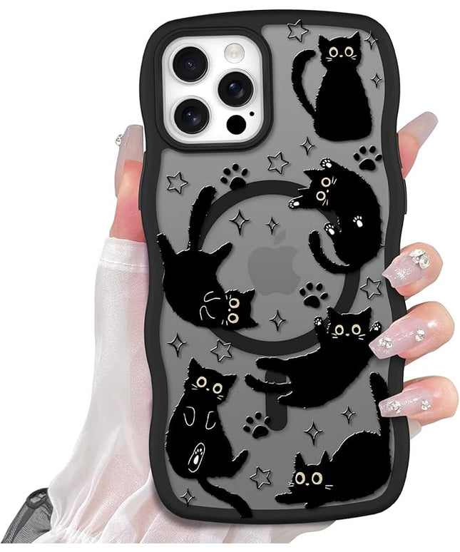 Cute Case for iPhone 12 Pro Case [Compatible with MagSafe] with Kawaii Black Cats Cat Print Pattern Design for Women Girls, Soft Wavy Edge Anti-Slip Animal Magnetic Protective Phone Cover