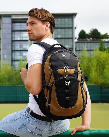 Swissdigital Design Laptop Backpack with USB Charging Port, Travel Backpack Fits 15.6 inches Computer, 31L College School Backpack for Men, Tan/Black | SD803-34