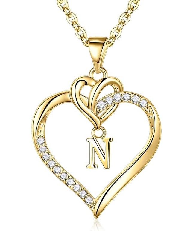STORUP Christmas Gifts for Women Teen Girls - Heart Initial Necklaces for Women Girls, 14K-Gold-Plated Cubic Zirconia Initial A-Z Pendant Dainty Heart Necklaces for Teen Girl Jewelry Birthday Gifts