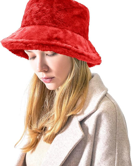 Women Plush Fluffy Bucket Hat Warm Lining Winter Faux Fur Cozy Wide Brim Winter