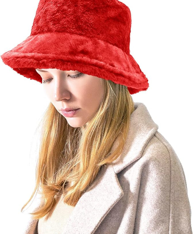 Women Plush Fluffy Bucket Hat Warm Lining Winter Faux Fur Cozy Wide Brim Winter