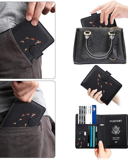 WALNEW Passport Holder for Travel, RFID Passport Cover Wallet for Women Men, PU Leather Passport Book Card Holder Case with Pen (Buckle Closure, Buckle-Carp)