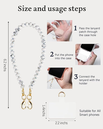 Natural Stone Beaded Phone Wrist Strap for Women – Detachable Chain Wristlet, Durable 304 Stainless Steel Core (Marble-White)