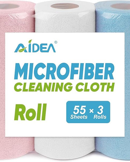 AIDEA Microfiber Cleaning Cloth Roll 165 Sheets(3 Roll), Tear Away Microfiber Towels, Reusable Paper Towels, Washable Shop Rags, Scratch Free, Absorbent Dish Rags for Car, Home, Shop, 11" x 9"
