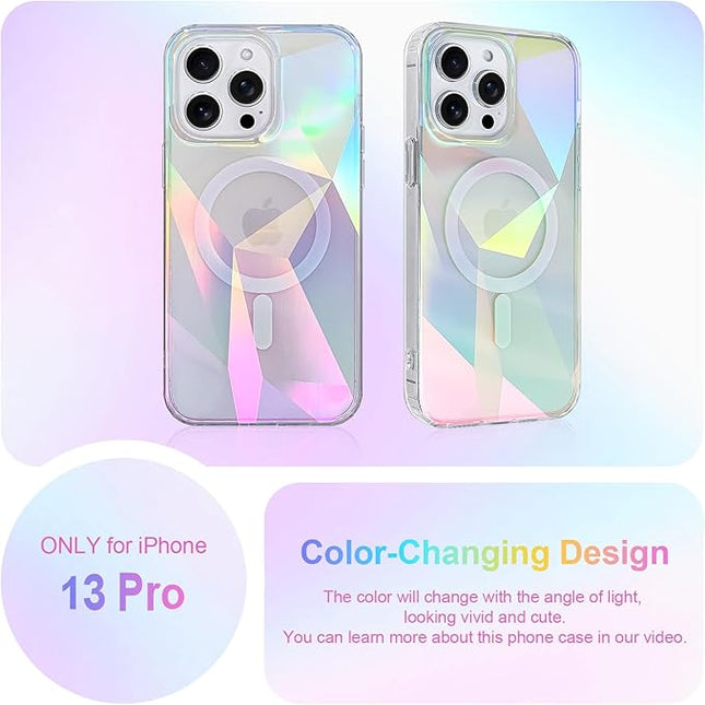 Cute Case for iPhone 13 Pro Case for Women Girls [ Compatible with Magsafe ] Clear Glitter Girly Aesthetic Rainbow Sparkly Bling Magnetic Phone Cover, Iridescent Geometry