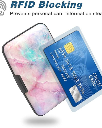 Atufsuat Credit Card Holder, Mini Aluminum Card Wallet RFID Blocking Slim Metal Hard Card Case for Women Men, Colorful Marble