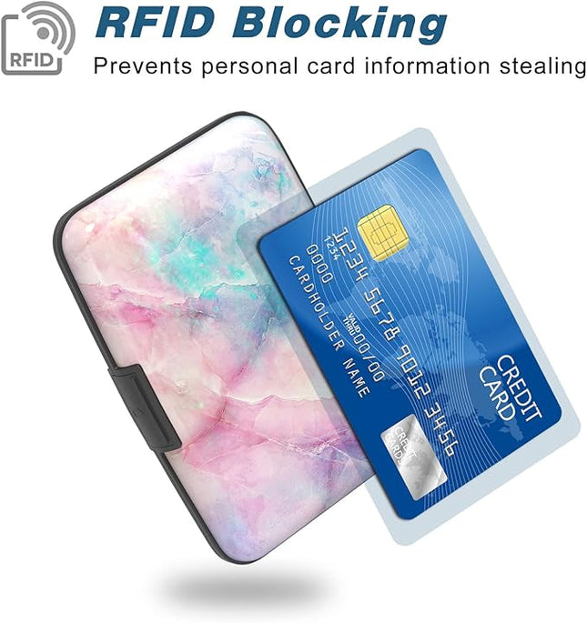 Atufsuat Credit Card Holder, Mini Aluminum Card Wallet RFID Blocking Slim Metal Hard Card Case for Women Men, Colorful Marble