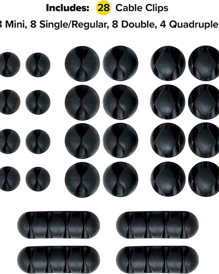 Wrap-It Storage Cable Clips - (Assorted 28-Pack) Black - Desk and Nightstand Cable Holder for Phone and Bedside Table Cord Organizer