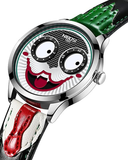 NIBOSI Watches for Men Analog Quartz Clown Dial Wrist Watches Unique Weird Fashion Cool Watch Waterproof Leather Strap Men's Watches