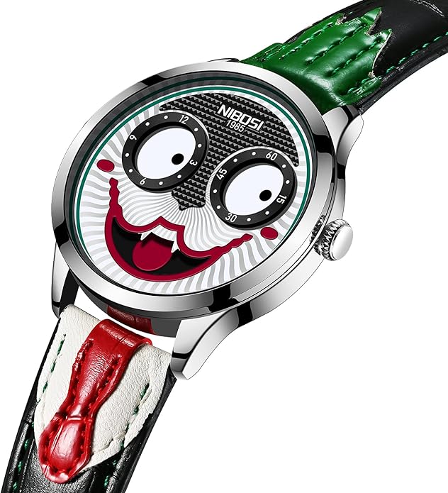 NIBOSI Watches for Men Analog Quartz Clown Dial Wrist Watches Unique Weird Fashion Cool Watch Waterproof Leather Strap Men's Watches