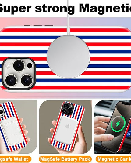 Magnetic for iPhone 16 Pro Case Cute Stripes Phone Case, Shockproof Slim TPU and Hard PC Protective Phone Cover Compatible with MagSafe Designed for Women Girls, Red and Blue