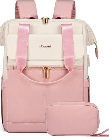 LOVEVOOK Laptop Backpack for Women, 15.6 Inch Work Laptop Bag with USB Port, Fashion Teacher Nurse Backpack Purse, Waterproof Travel Computer Backpack with Organizer Bag, 2PCS, Beige-Pink